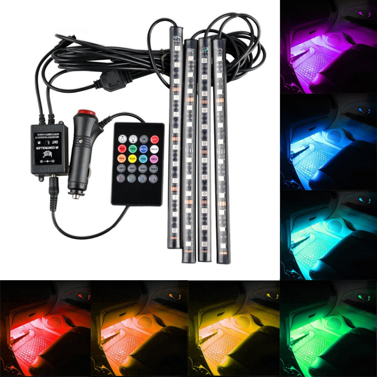Aramox Car RGB LED Strip,12V 4x 12SMD Car Interior RGB LED Strip Lights Foot Atmosphere Light Remote Control Red