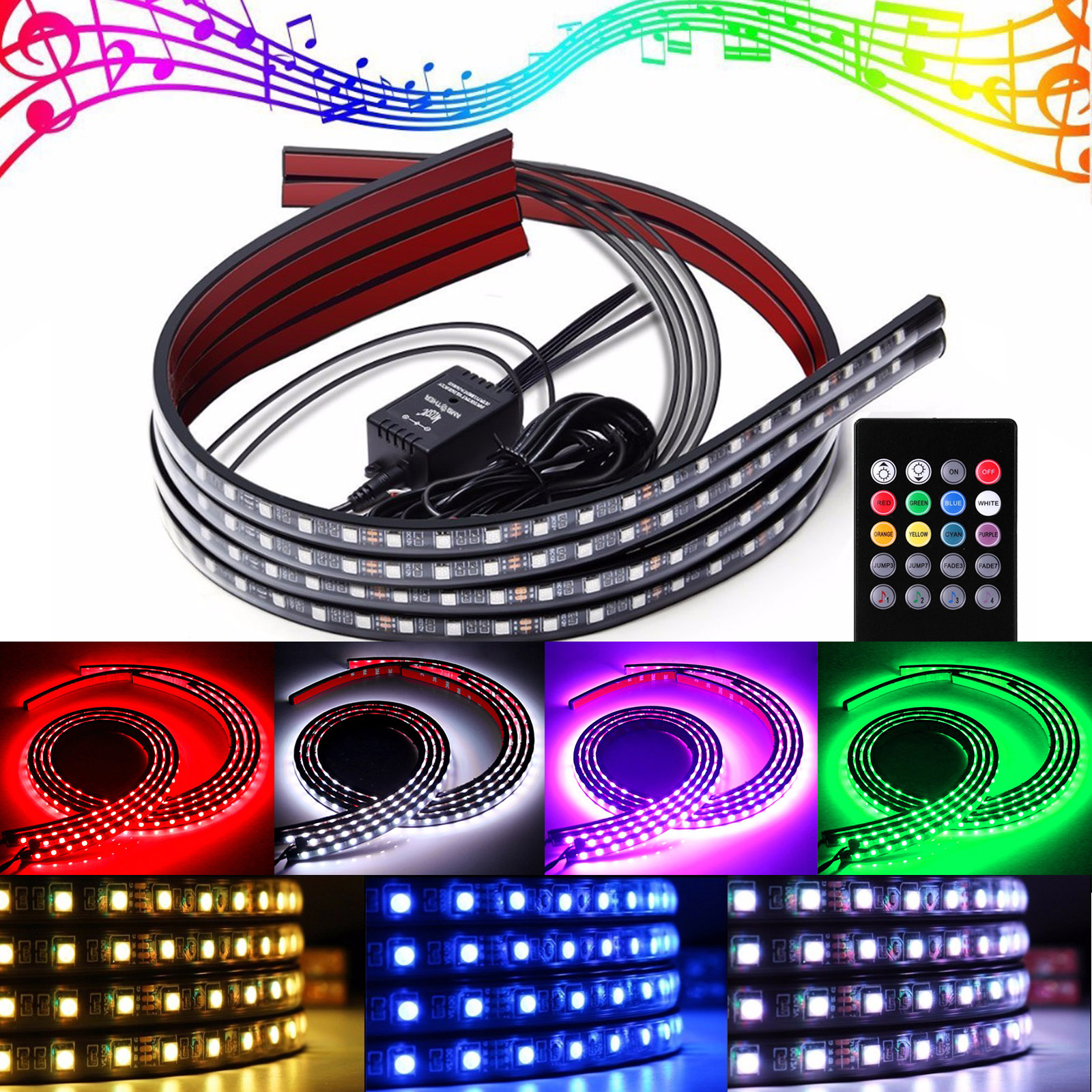 8 Color Car Neon Underglow Lights Waterproof RGB LED Strip Light Wireless Remote Control 5050 SMD LED Light Strips DC 12V, 4pcs Neon Accent Lights Strip 